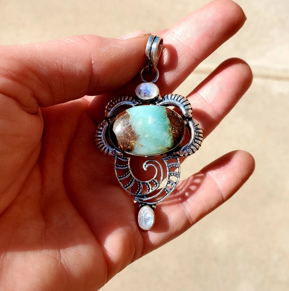 New Chrysoprase & Rainbow Moonstone 925 Silver Pendant - Picture 10 of 16